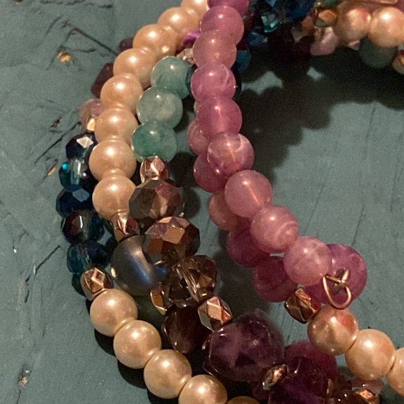 Gem bead wrap memory wire bracelet 5 loops faux beads mixed with real stones - Picture 2 of 4